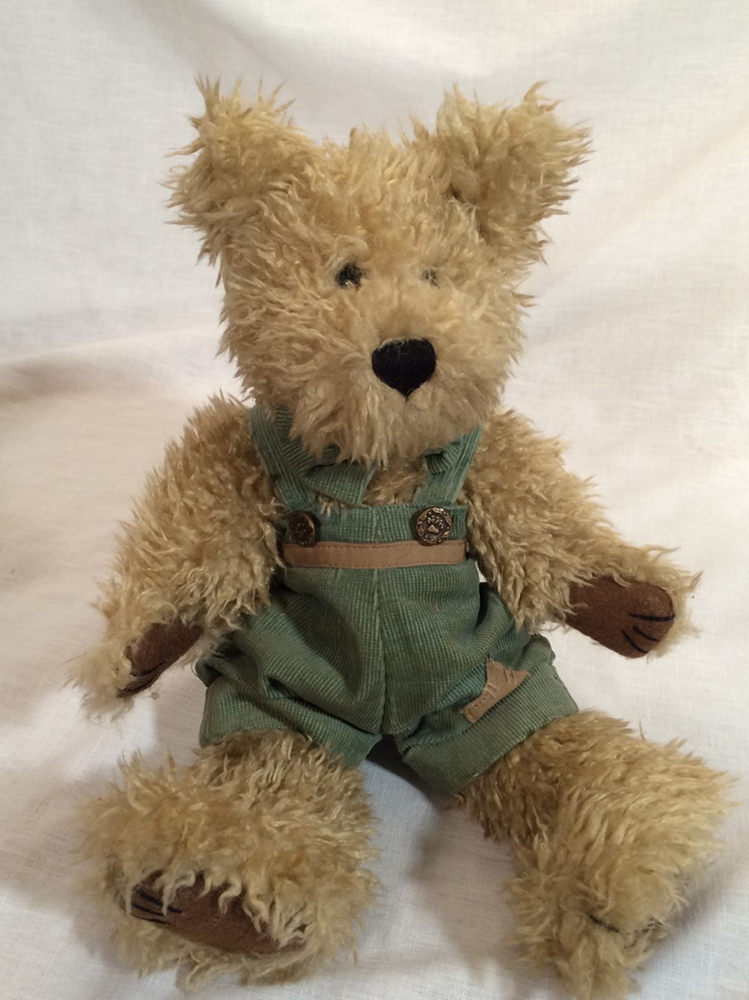 Collectible Boyd’s light tan mohair Bear with green corduroy overalls & bowtie, 15″