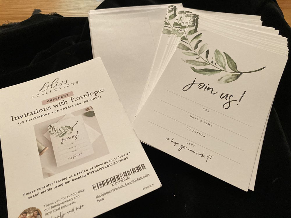 25 NEW, unused handmade 5″ x 7″ invitations from Bliss Collections on 100 lb card stock with greenery design and white envelopes