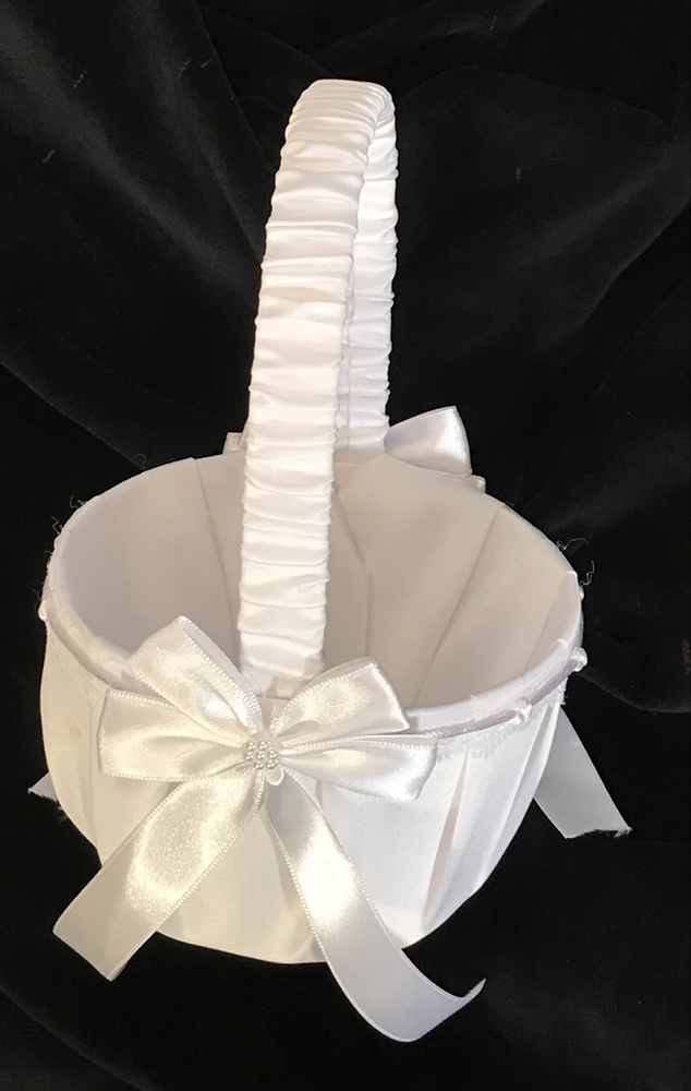 Decorated satin-covered flower-girl basket for flower petals. Measures 7.75″ tall x 5.5″ diameter