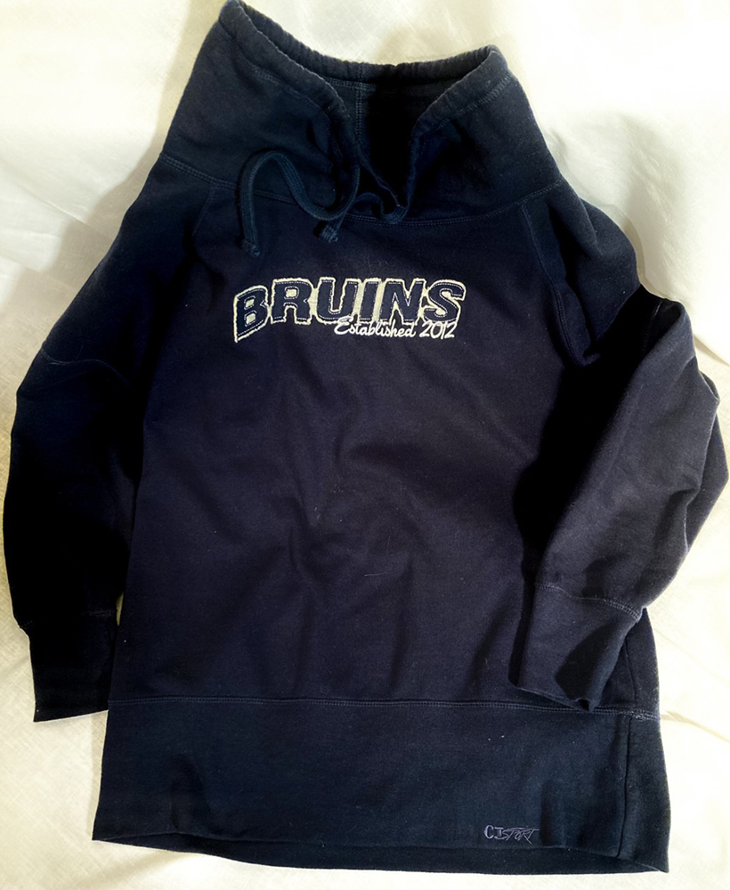 Navy unisex Bob Jones University “BRUINS, established 2012″sweatshirt with drawstring neckline, XL
