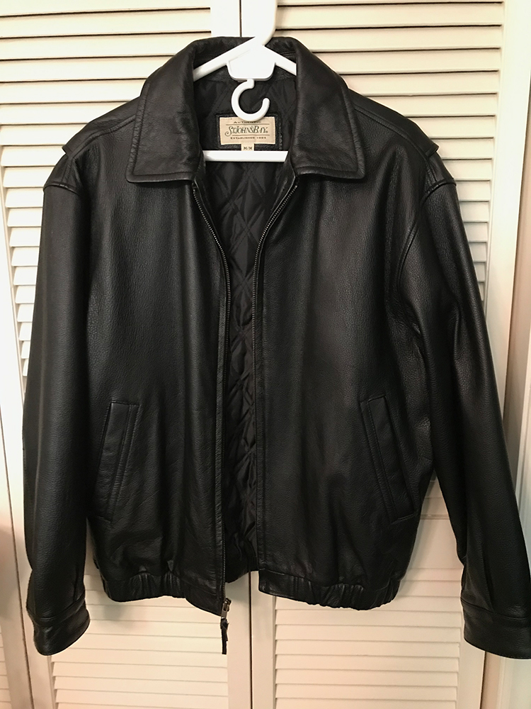 Men’s authentic black leather “bomber jacket” with polyester lining from St. John’s Bay brand, size medium