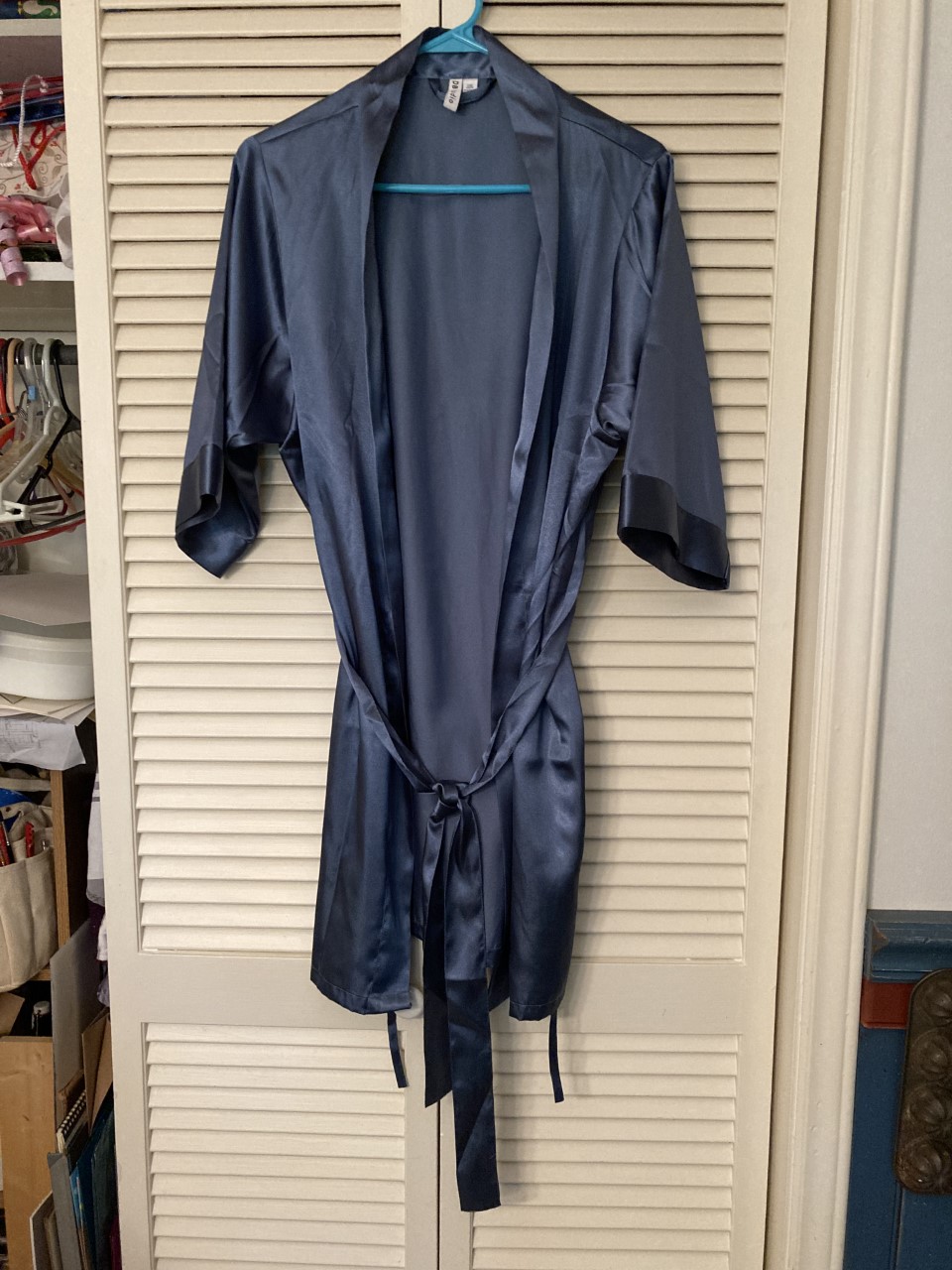 David’s Bridal (DB Studios) steel blue wrap-tie satin knee-length robe, 3/4 sleeves–size small/medium
