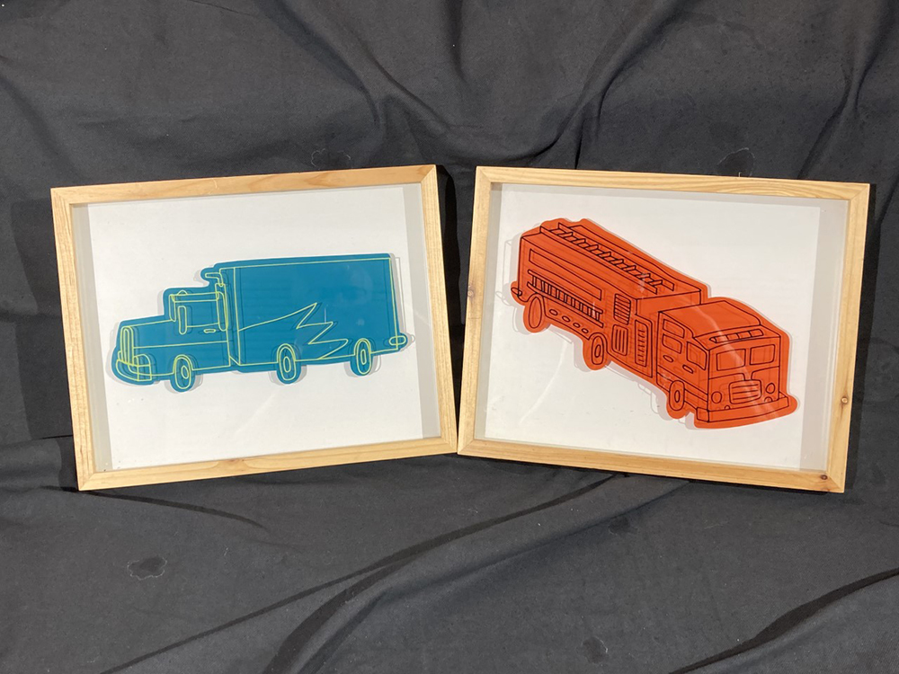 TWO shadow-box wooden framed truck art wall hangings under glass, each is 11″ x 14.5″