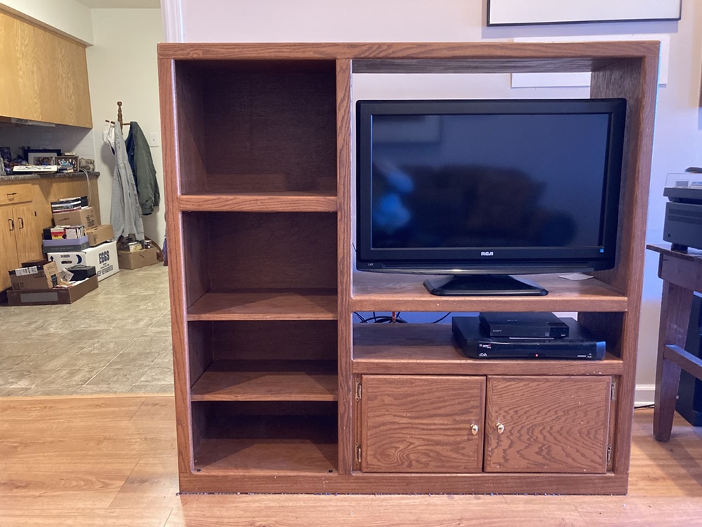 ONLY $40!!! Sturdy oak entertainment center/book case/storage–52″ tall x 54″ wide x 17″ deep